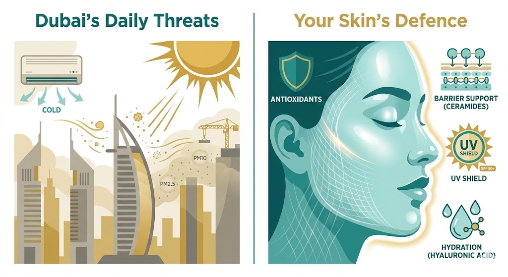 Dubai climate skin aging threats — UV, air conditioning, pollution and dust affecting skin health