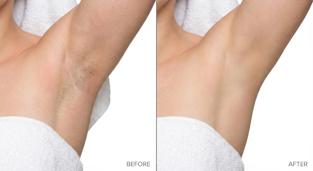 Before and after laser hair removal results — underarm treatment at Rere Polyclinic Dubai