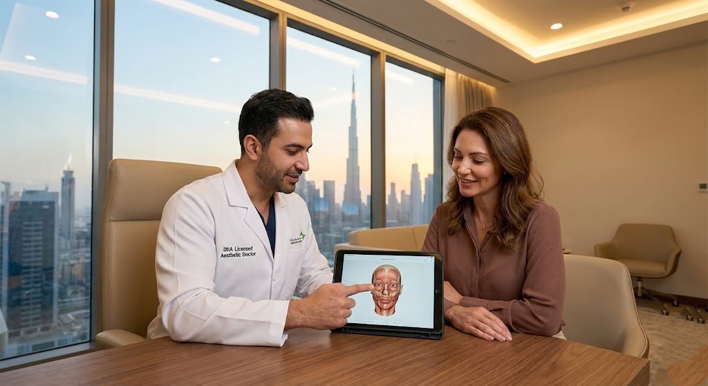 DHA licensed aesthetic doctor consulting female patient about Botox treatment at Rere Polyclinic Dubai