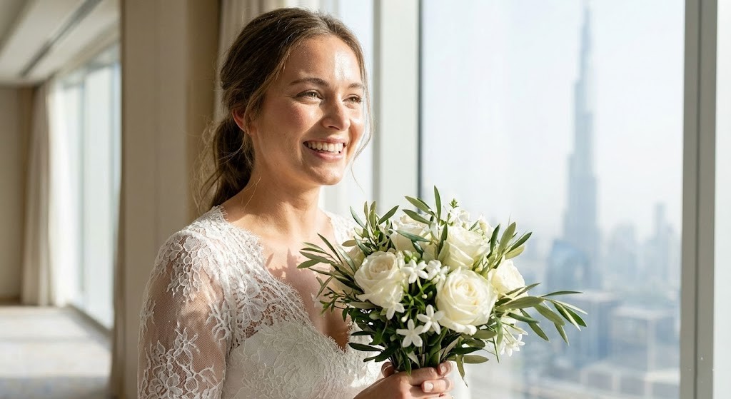 Dubai bride with glowing skin on wedding day results from Rere Polyclinic aesthetic treatments
