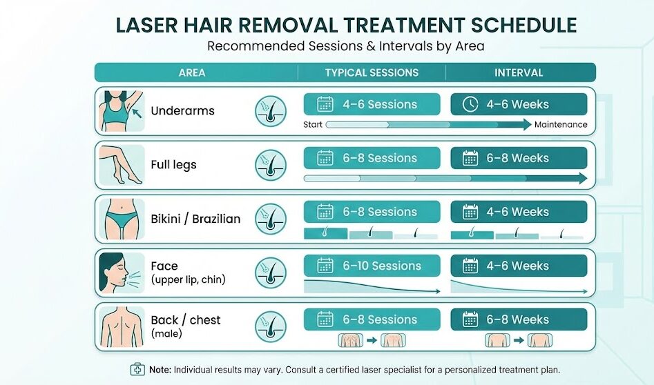 Laser hair removal sessions guide by body area — number of sessions and treatment intervals