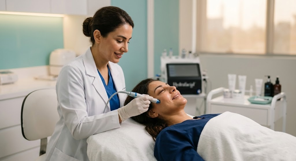 DHA-licensed dermatologist performing HydraFacial treatment at Rere Polyclinic Dubai