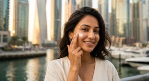 Woman applying SPF sunscreen outdoors in Dubai Marina — premature skin aging prevention