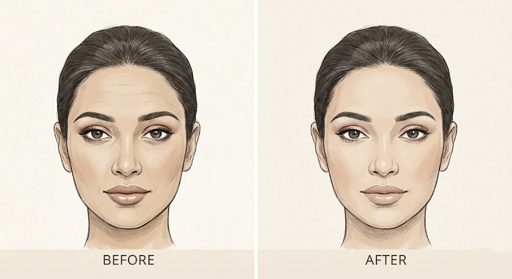 Botox before and after results showing reduced forehead lines and frown lines on woman in Dubai