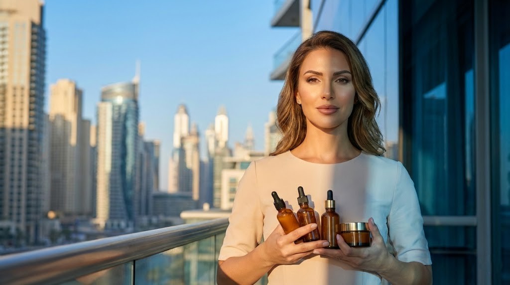 Woman applying skincare in Dubai Marina showcasing climate challenges for skin care routine