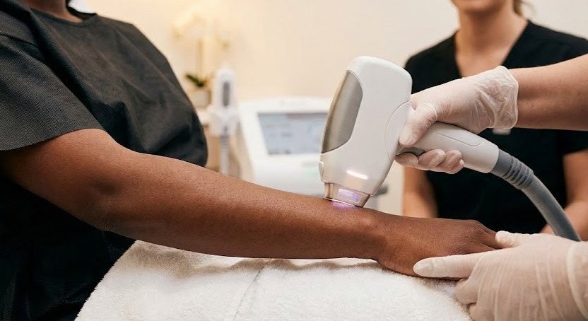 Nd:YAG laser hair removal safely treating dark skin tone at Dubai aesthetic clinic