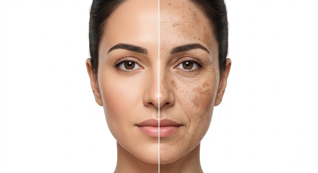 Split face comparison showing skin with daily SPF protection versus sun damaged skin with premature aging, pigmentation and melasma from skipping sunscreen in Dubai