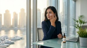 Woman applying SPF 50 sunscreen daily in Dubai Marina office — dermatologist recommended sun protection UAE