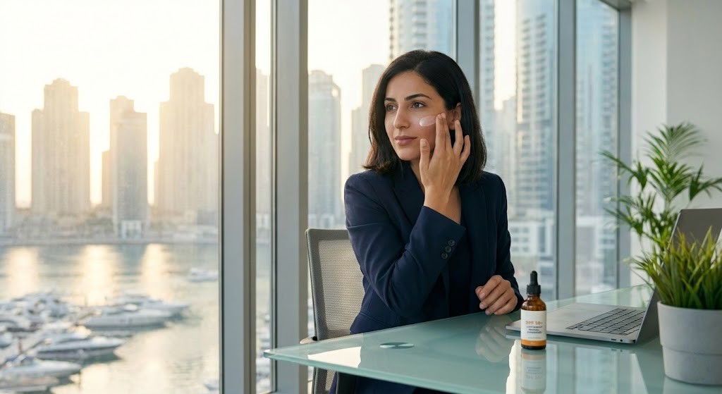 Woman applying SPF 50 sunscreen daily in Dubai Marina office — dermatologist recommended sun protection UAE