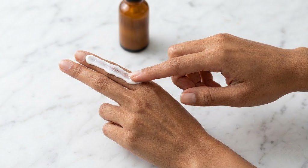 Two-finger sunscreen application rule for face and neck — correct SPF 50 dosage recommended by Dubai dermatologists