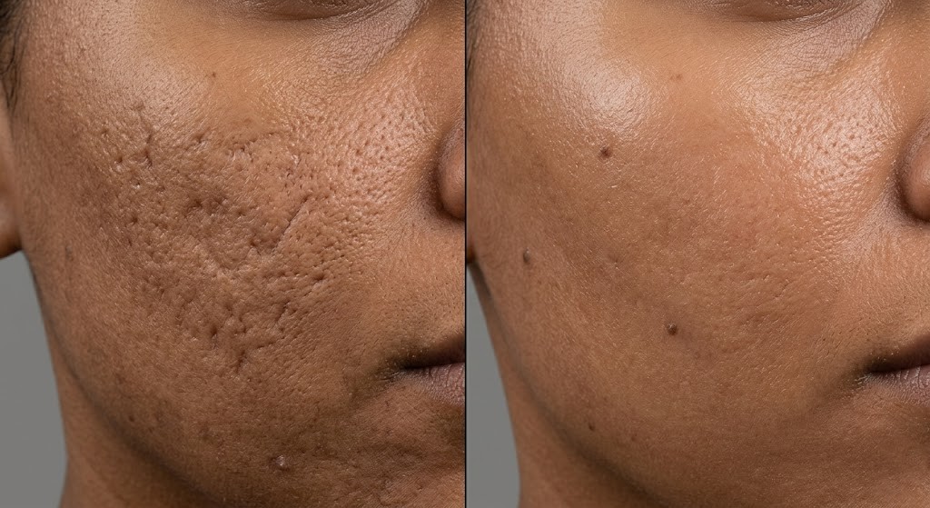 Acne scar before and after treatment results Dubai - all skin tones treated at Rere Polyclinic