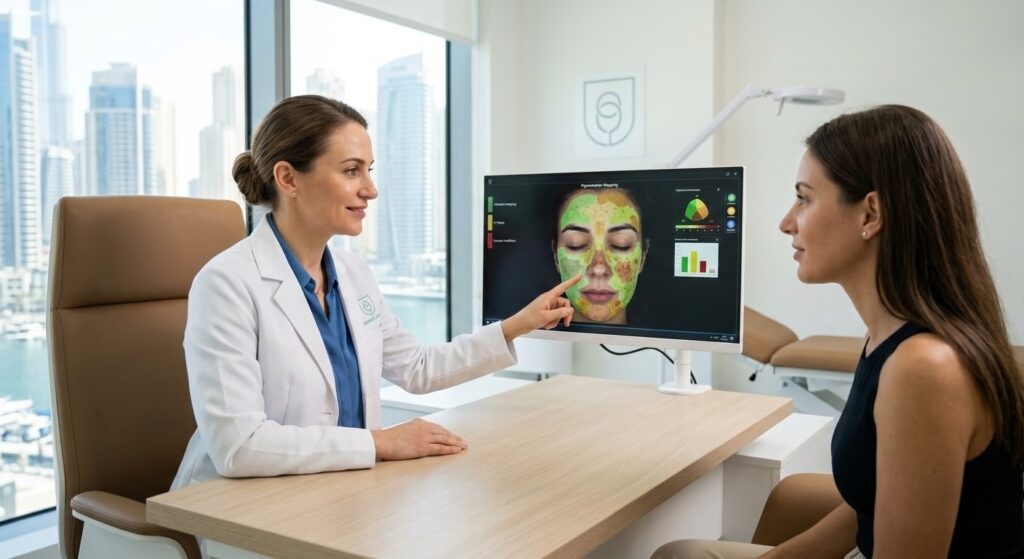 DHA-licensed dermatologist at Rere Polyclinic Dubai reviewing pigmentation treatment plan with patient