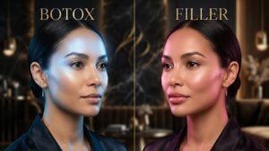 Fillers vs Botox comparison showing Botox treatment zones on upper face and dermal filler zones on cheeks and lips at Rere Polyclinic Dubai