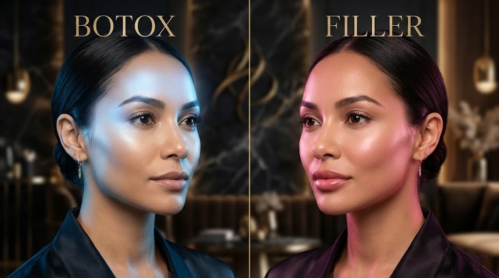 Fillers vs Botox comparison showing Botox treatment zones on upper face and dermal filler zones on cheeks and lips at Rere Polyclinic Dubai