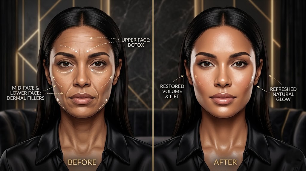 Liquid facelift concept showing combined Botox and filler results for full face rejuvenation at Rere Polyclinic Dubai