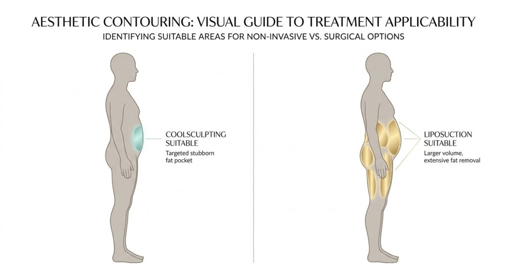 Illustration showing ideal CoolSculpting vs liposuction candidacy areas for body contouring at Rere Polyclinic Dubai