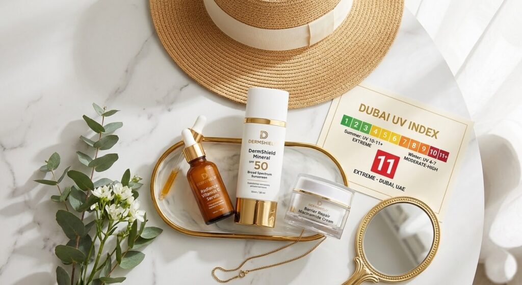 SPF 50 sunscreen and vitamin C serum for pigmentation treatment aftercare in Dubai summer
